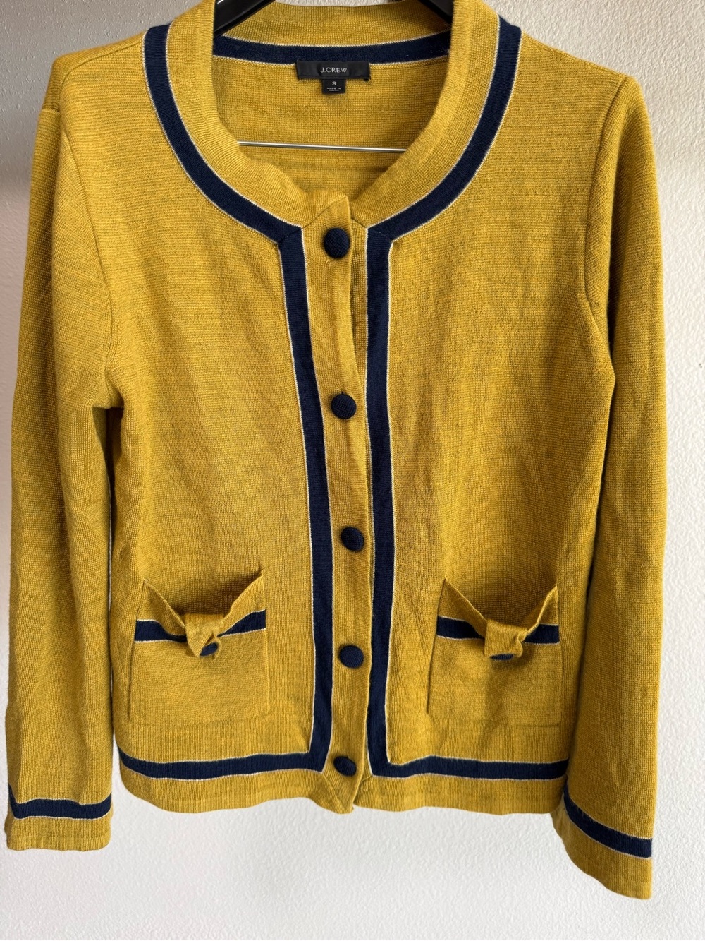 J. Crew Cardigan Sweater Mustard Yellow Navy Trim Bow Pockets Button Up S